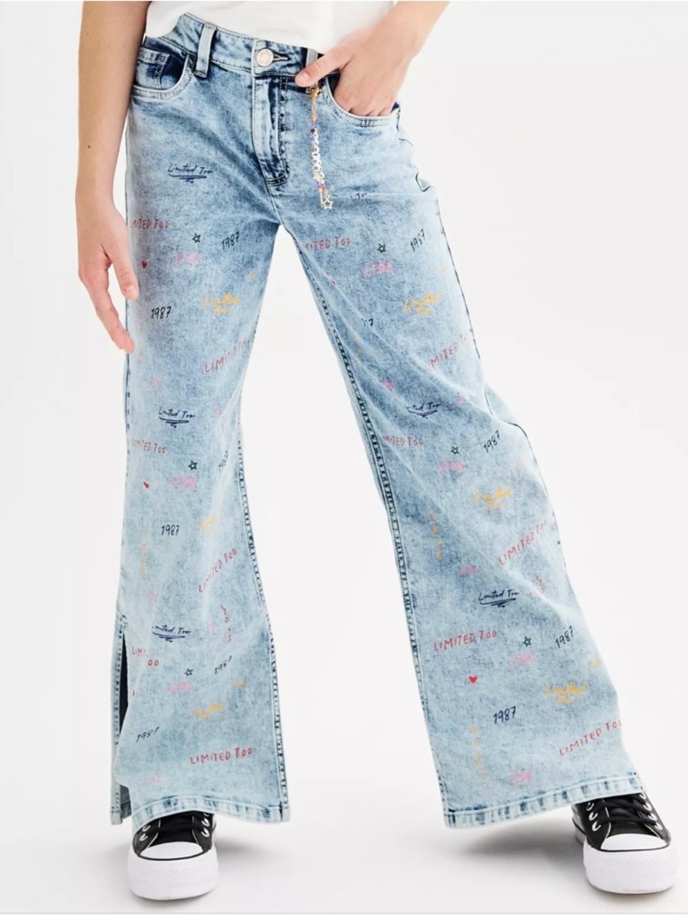 Limited Too Light Blue Denim Jeans with color Script Wide Leg with Side split 14